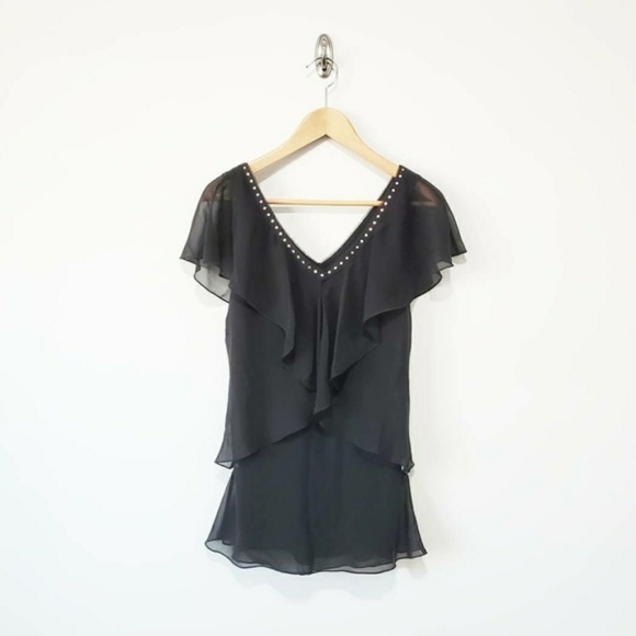 White House Black Market Tops - White House Black Market Gold Stud Ruffle VNeck